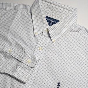 Ralph Lauren 17/35 White Blue Plaid‎ Yarmouth Preppy Office Button Down Shirt
